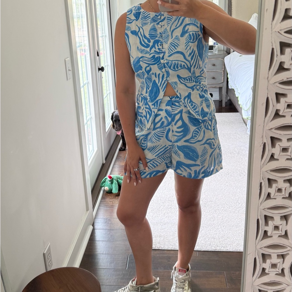 Blue & White Tropical Print Sleeveless Romper